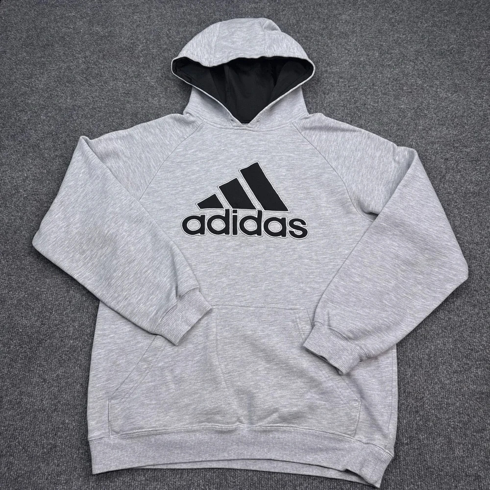 Adidas Fleece Hoodie‎ Adult Size Large Gray Pullover Sweatshirt Big Logo Active